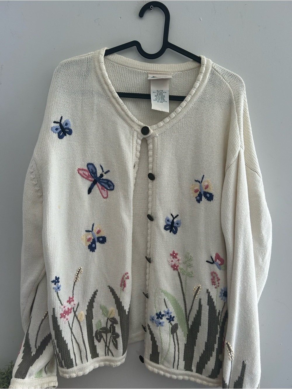 1990s Northern Reflection Cream Floral & Butterfly Button-Front Sweater XL